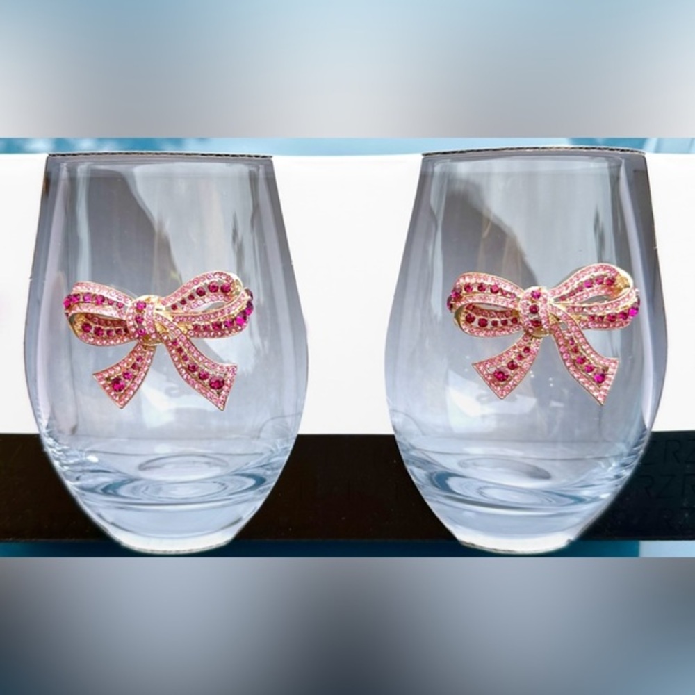 Stemless Wine Glasses - Rhinestone Bow Embellished Glasses - Set of 2